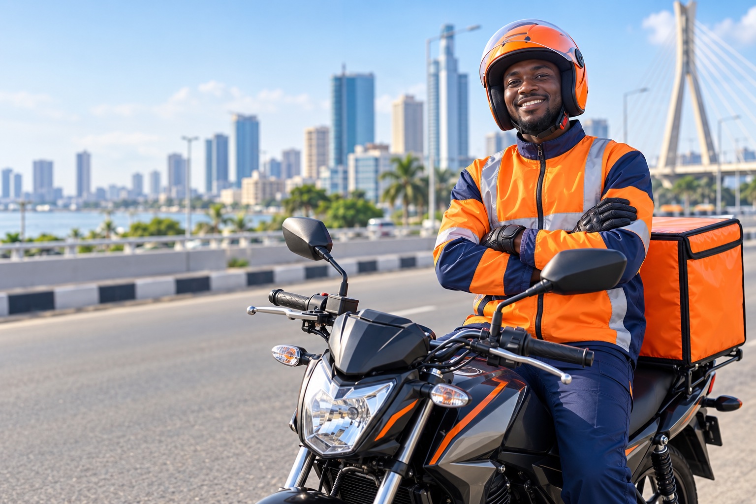 A safety-equipped delivery rider with a motorcycle
